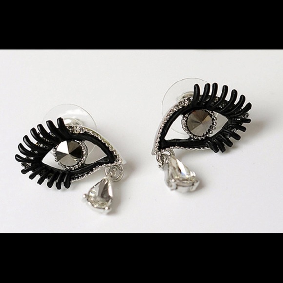 Black Crystal Eye Tear shape stud earnings. NWT - Picture 2 of 5